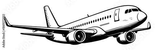 Hand-drawn commercial passenger airplane flying for air travel and transport