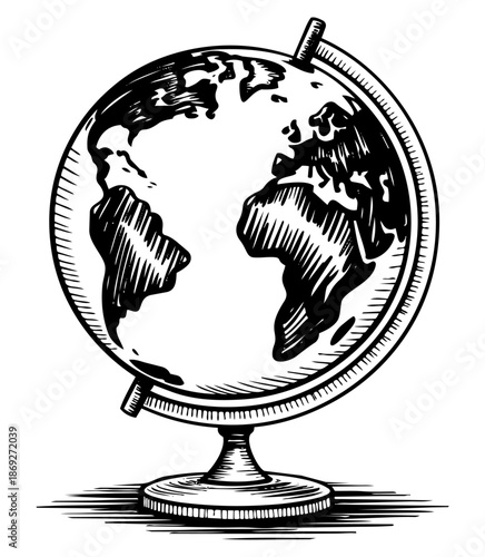 Hand-drawn desktop globe on stand showing world continents and geography