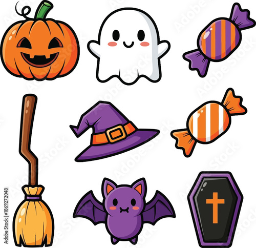 Halloween candy and spooky decorations.