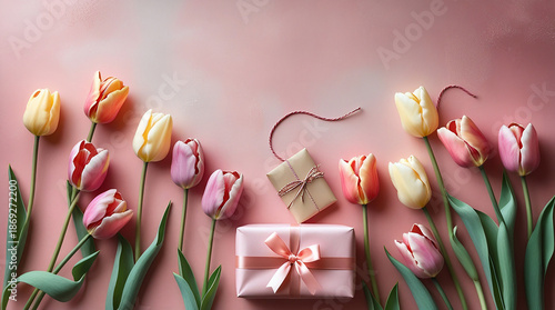 Tulips in various vibrant colors with delicate petals and slender stems are arranged in a beautiful bouquet on a soft pink backdrop, alongside a neatly wrapped present with a satin ribbon and a gift 