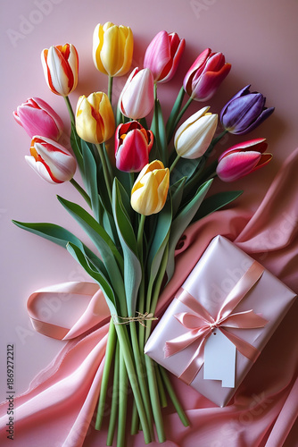 Tulips in various vibrant colors with delicate petals and slender stems are arranged in a beautiful bouquet on a soft pink backdrop, alongside a neatly wrapped present with a satin ribbon and a gift 