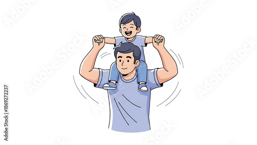 father carrying son on shoulders happily.