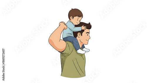 Father carrying child on shoulders happy daddy piggyback ride.