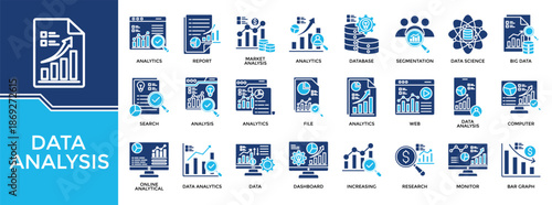 Data analysis icon set collection. Containing review, database, info, write, advice, monitor, news .Solid vector icons collection
