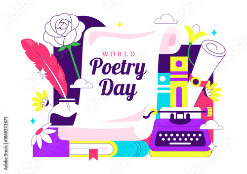 World Poetry Day Vector Illustration on March 21 Featuring Writing Tools Typewriter Literature Flat Cartoon Style Background