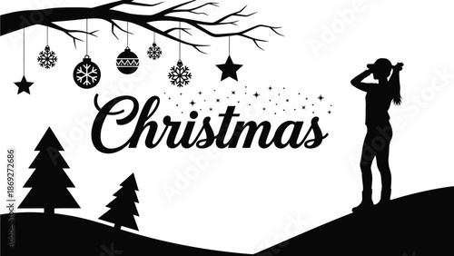 A black silhouette of a woman looking up at Christmas ornaments and snowflakes