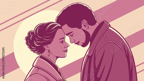 Illustration of a romantic couple with foreheads touching, set against a vibrant pink and yellow striped background with a large sun.