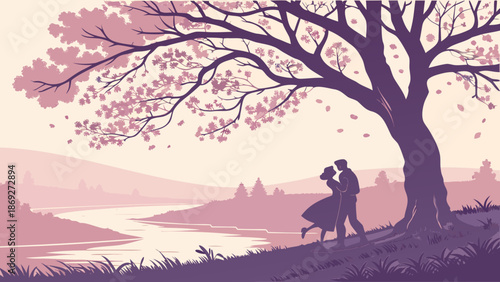 Romantic couple embracing under a blooming tree on a hill overlooking a serene lake at sunset with warm pastel tones.