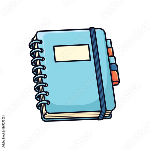 A light blue spiral-bound notebook with elastic closure and bookmarks is shown.
