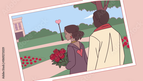 Illustration of a romantic couple walking in a park with flowers, viewed from behind, in a cartoon style with a pink background.
