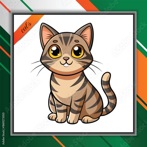 Charming brown tabby cat cartoon illustration featuring a cute, big-eyed kitten sitting playfully, ideal for pet projects, children's art, and animal-themed designs