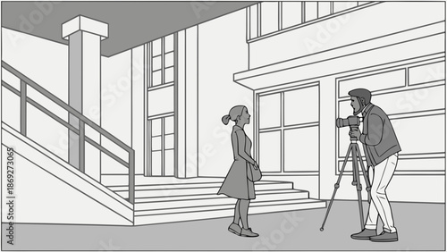 A woman stands facing a man operating a camera on a tripod outside a building with stairs and railings in a grayscale illustration.