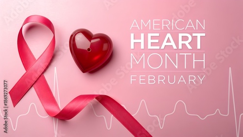 American Heart Month A red ribbon and heart symbolize American Heart Month in February for cardiovascular health awareness
