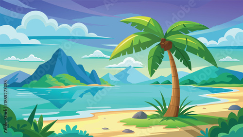 Tropical island at sunset featuring palm trees and mountains silhouetted against a colorful sky