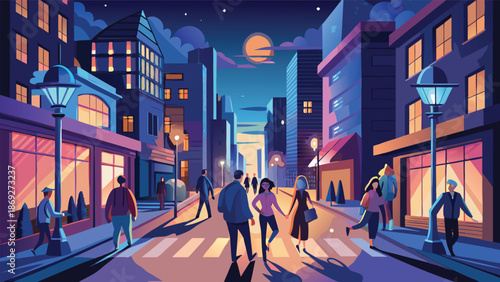 Nighttime city scene featuring pedestrians walking on a busy street, with bright lights and urban architecture