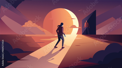 A man walks along a path with a large sun setting in the background, casting a warm glow over the scene