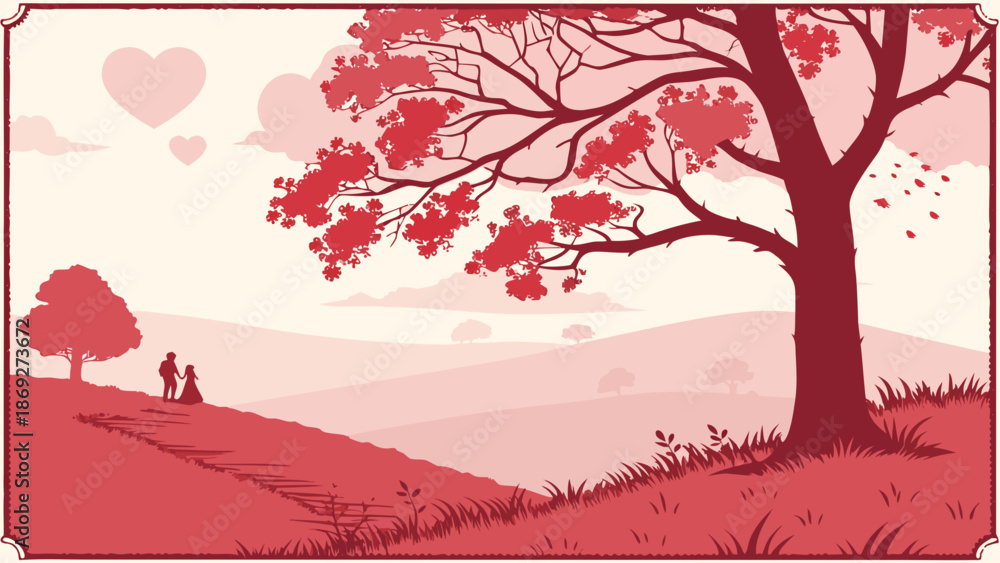 Obraz premium Romantic Landscape Illustration: Couple, Large Tree, & Floating Hearts in Red Hues