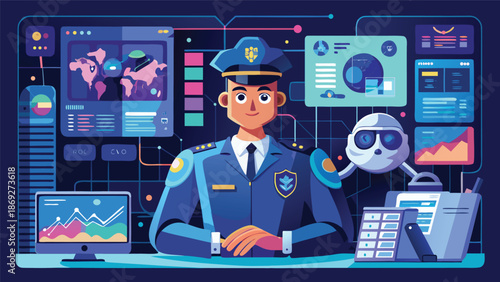 A police officer in uniform is working intently on a computer, surrounded by office equipment