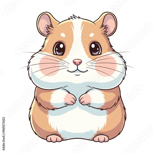 A cute hamster with big eyes and fluffy fur stands on its hind legs.