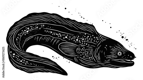 Moray eel illustration in dramatic Japanese ink art style, showcasing detailed marine life imagery. Moray eel illustration features intricate patterns and striking design,