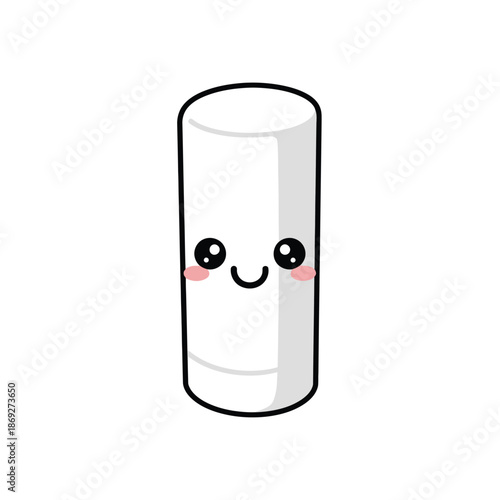 A cute cartoon illustration of a smiling cylinder with eyes and rosy cheeks.