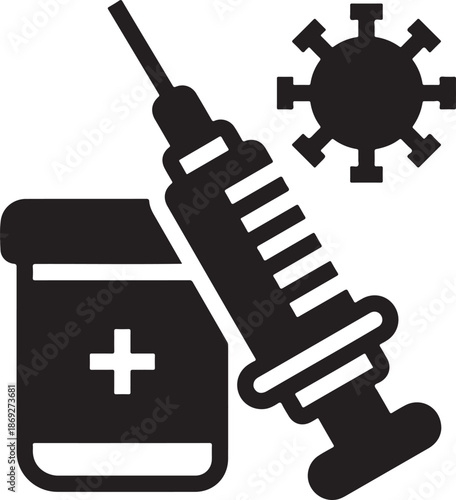 Black syringe and medical bottle with white cross next to virus symbol