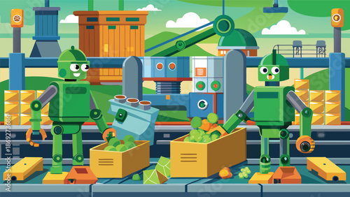 A vibrant factory scene featuring cartoon robots engaged in various tasks, highlighting their industrious nature