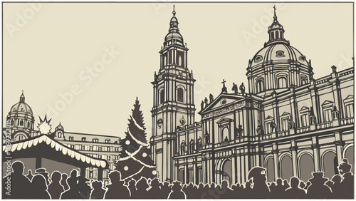 Hand-drawn Illustration of a European City Square with Grand Cathedral, Christmas Tree, and Festive Market Crowd