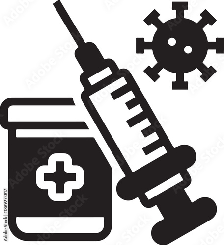 Black syringe and medical jar with cross symbol next to virus black white