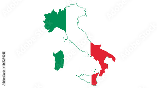 3D illustration of a map of Italy featuring the national flag design within a geographic silhouette for European travel and cartography concepts