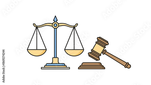 An antique golden brass scale of justice and gavel represent the legal weight of equality and law as a symbol of balance in a court