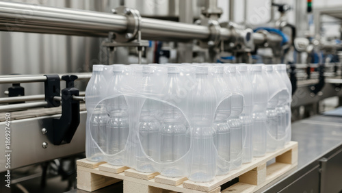 Automated beverage packaging line with transparent plastic bottles wrapped in shrink film on wooden pallet in modern industrial manufacturing plant