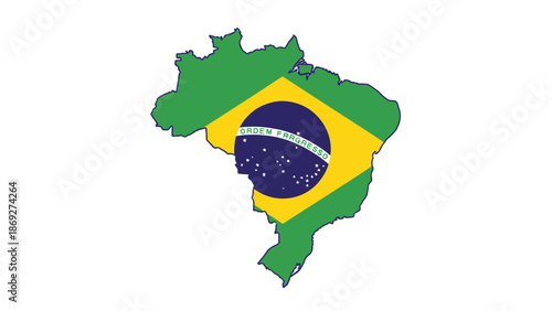 A 3D vector illustration of the Brazilian national flag shaped as a map of Brazil, serving as a South America travel icon and soccer nation symbol