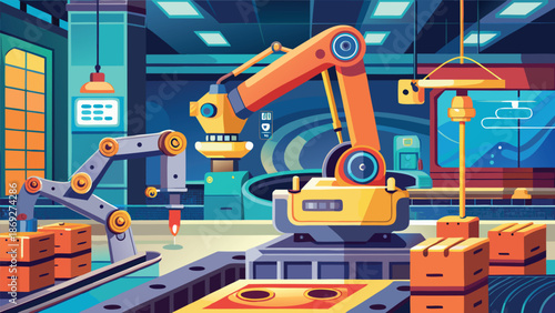 A factory scene depicting robots and machinery operating in harmony, showcasing advanced manufacturing technology