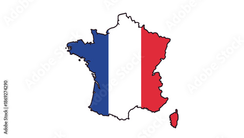 3D illustration of a French flag map isolated on a white background as a national geography symbol of the Republic of France in Europe