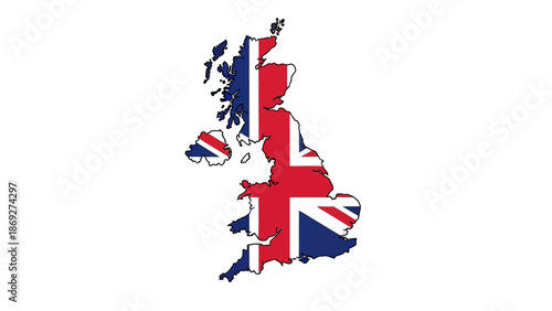 Vector illustration of a national British symbol featuring the United Kingdom map with the red and white Union Jack flag of Great Britain isolated on a plain background representing the country