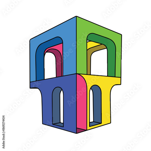 A 3D cube with colorful arches
