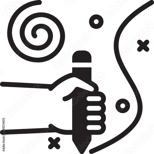 Black and white of hand holding pencil with abstract shapes