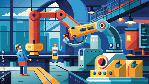 A factory scene depicting robots and machinery operating in harmony, showcasing advanced manufacturing technology
