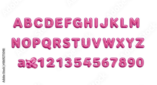 puffy, glossy, vibrant pink 3d bubble font, italicized english alphabet (a-z, a-z) and numerals (0-9) with magenta outlines on a transparent background. Playful typography concept