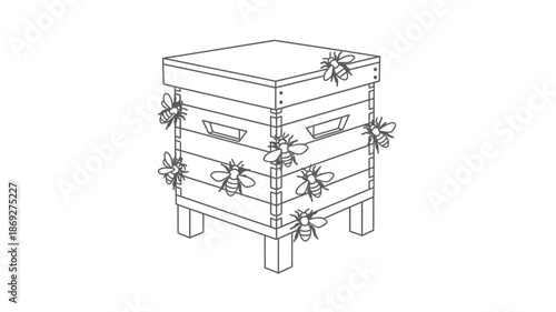 Detailed illustration of a wooden beehive surrounded by bees silhouette