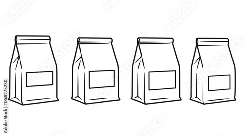 Four identical blank packaging bags in a row black and white silhouette