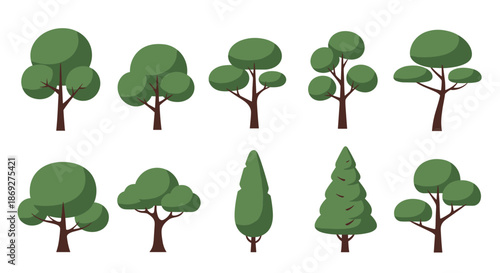 Collection of various green tree icons in a flat minimalist style isolated on a white background for landscape design.
