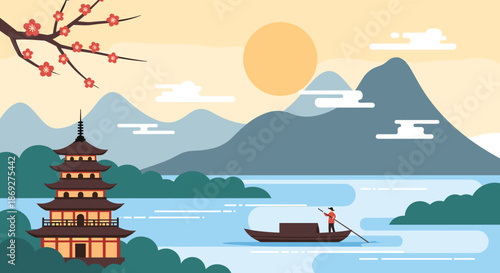 Serene traditional Asian landscape featuring a tall pagoda by a lake with a person rowing a boat towards the mountains.
