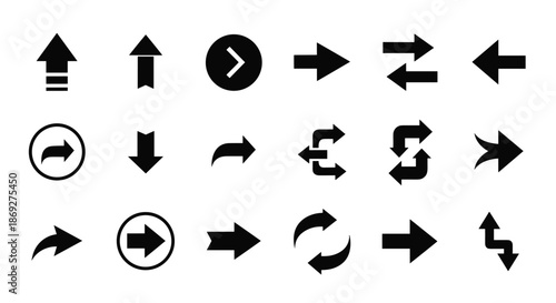 Variety of black arrow icons and directional symbols in different styles and shapes for user interface and web design.