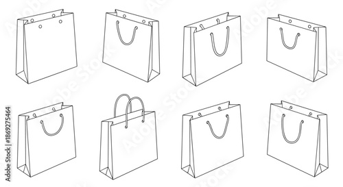 Collection of simple black and white line drawings showing different types of paper shopping bags at various angles.