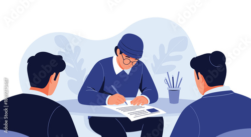 Business professional signing an important document on a table while two other colleagues watch the formal agreement.