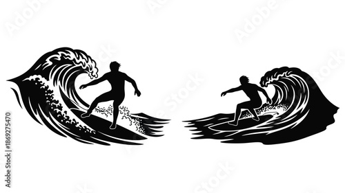 Surfers riding ocean waves in a striking black and white silhouette