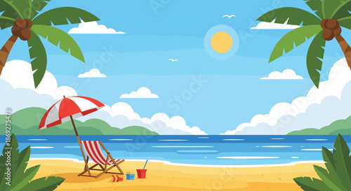 Tropical beach landscape with palm trees, a red and white striped beach chair under an umbrella, and clear blue sea water.