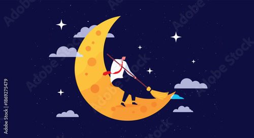 Conceptual illustration of a businessman sitting on a crescent moon and sweeping stars in the night sky with a long broom.